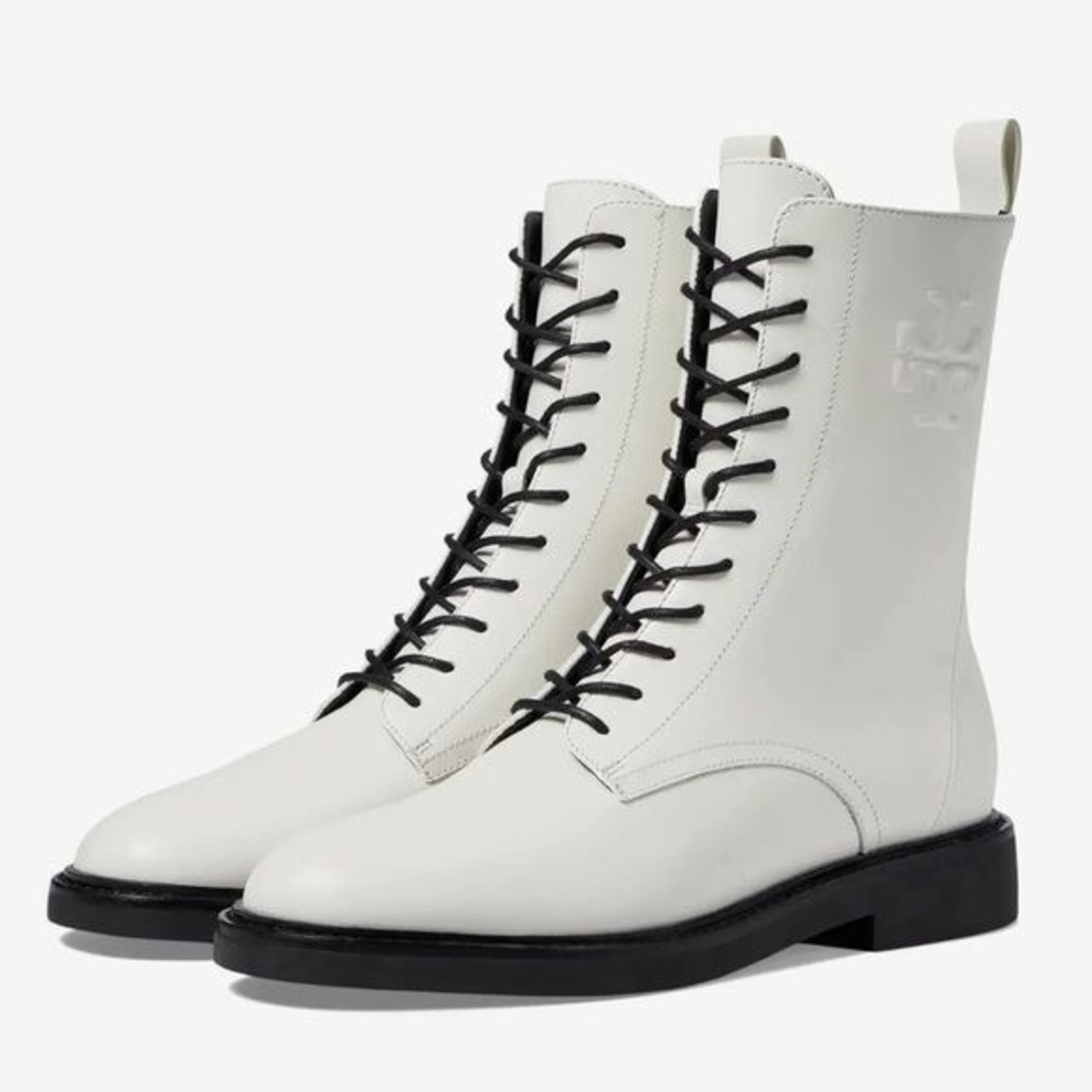 NWOB Tory Burch‎ Double-T Croc Embossed Combat Boot in Blanc Size 7.5